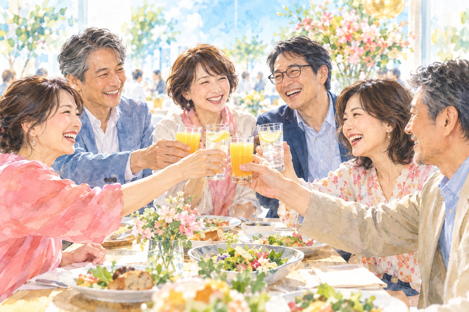 久しぶりに集まった同世代の仲間が、笑顔で乾杯するイメージイラスト