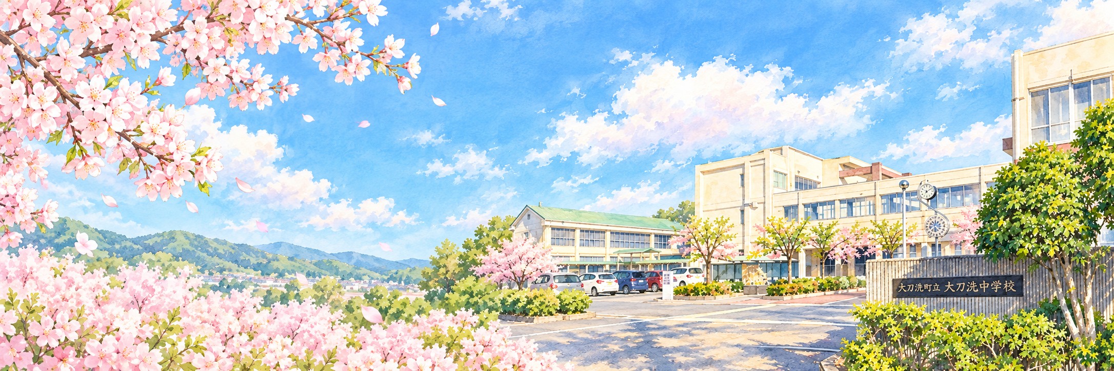 桜と青空、実際の大刀洗中学校の校舎をもとにした横長イラスト