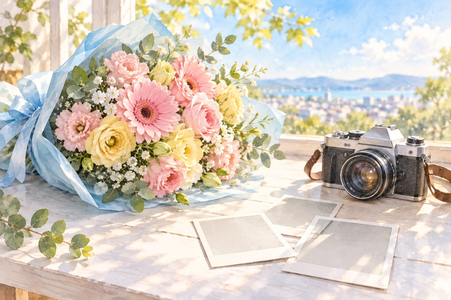 花束とカメラを描いた、再会の思い出のイメージイラスト